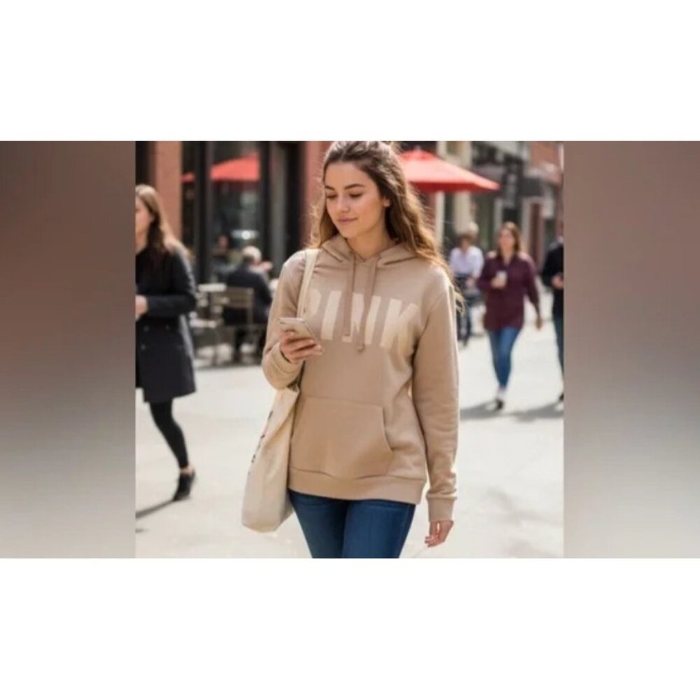 Victoria's Secret PINK Campus Logo Beige Hoodie Gold Logo Fleece Lined Size S - Picture 4 of 7